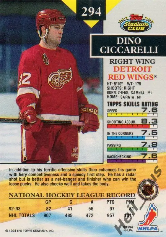Хоккей. Карточка Dino Ciccarelli / Дино Сиссарелли (Detroit Red Wings) НХЛ/NHL 1