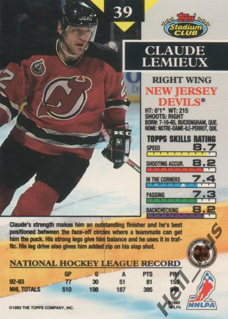 Хоккей Карточка Claude Lemieux/Клод Лемье (New Jersey Devils/Нью-Джерси) НХЛ/NHL 1