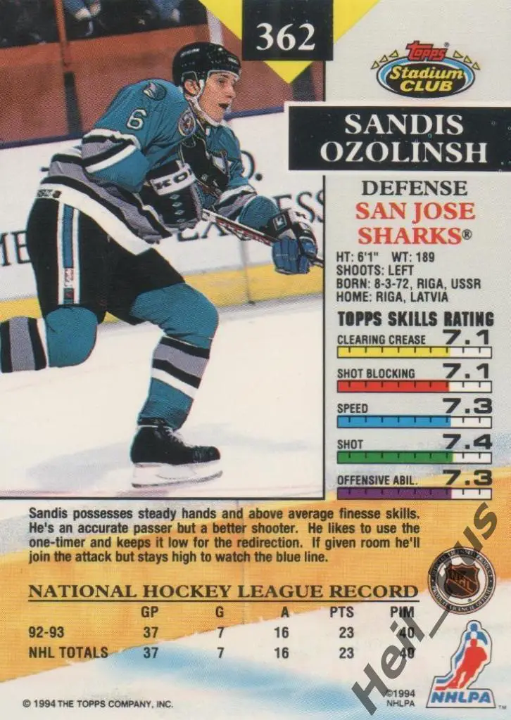 Хоккей. Карточка Сандис Озолиньш San Jose Sharks, Динамо Рига/Атлант НХЛ/NHL/КХЛ 1