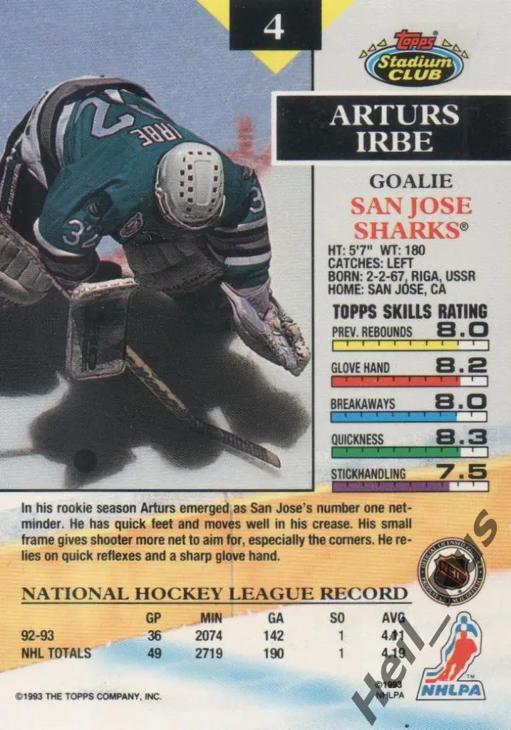 Хоккей. Карточка Arturs Irbe/Артурс Ирбе (San Jose Sharks, Динамо Рига) НХЛ/NHL 1