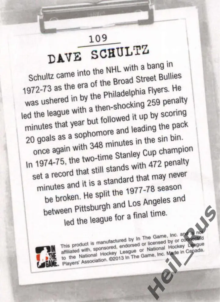 Хоккей. Карточка Dave Schultz/Дэйв Шульц Philadelphia Flyers/Филадельфия НХЛ/NHL 1