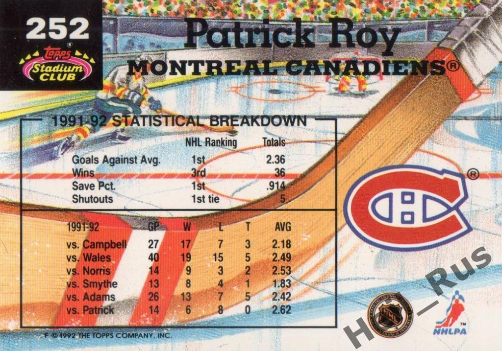 Хоккей Карточка Patrick Roy / Патрик Руа (Montreal Canadiens / Монреаль) НХЛ/NHL 1