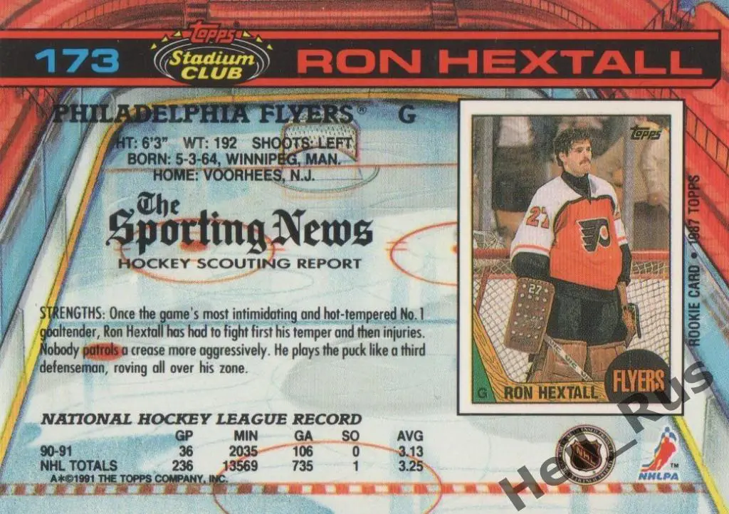 Хоккей Карточка Ron Hextall/Рон Хекстолл Philadelphia Flyers/Филадельфия НХЛ-NHL 1