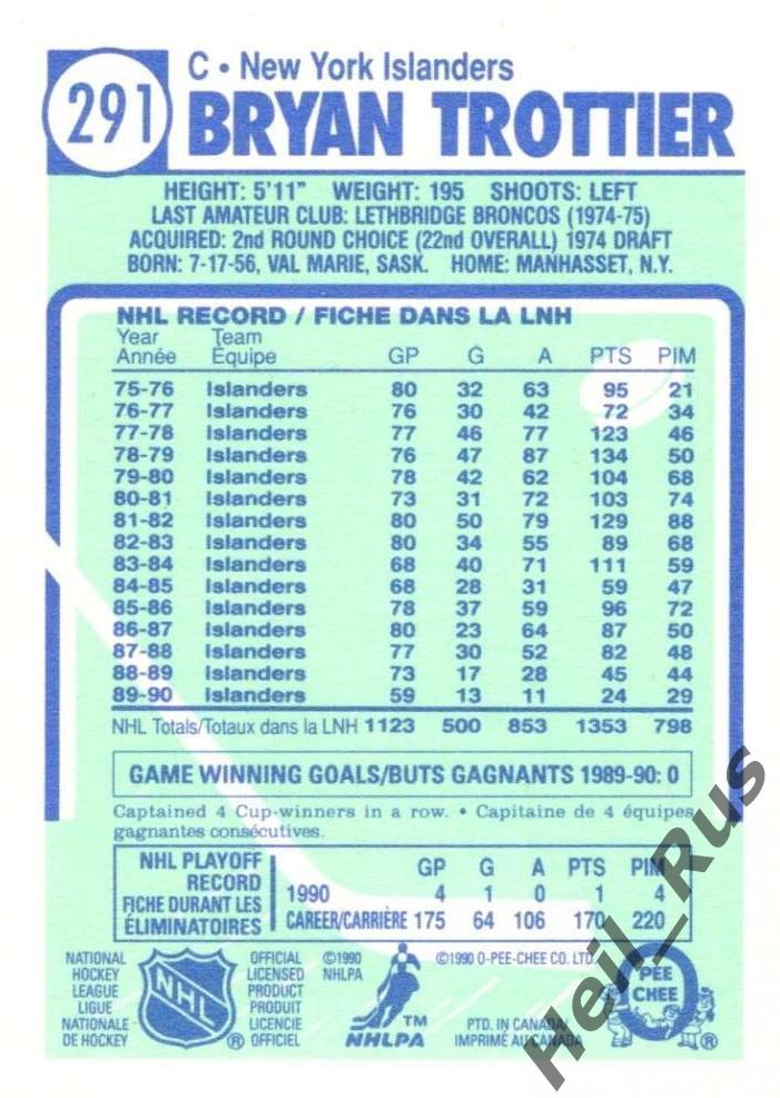 Хоккей. Карточка Bryan Trottier/Брайан Троттье (New York Islanders) НХЛ/NHL 1