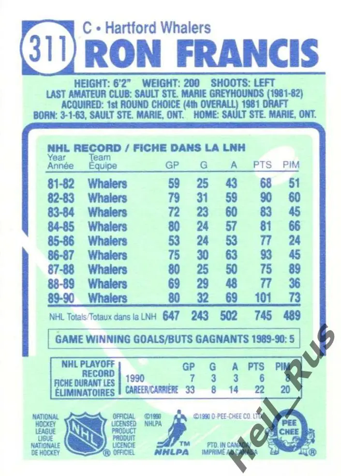 Хоккей. Карточка Ron Francis/Рон Фрэнсис (Hartford Whalers / Хартфорд) НХЛ/NHL 1