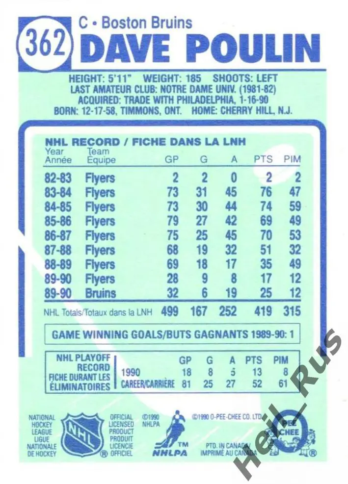Хоккей. Карточка Dave Poulin/Дэйв Пулин (Boston Bruins / Бостон Брюинз) НХЛ/NHL 1