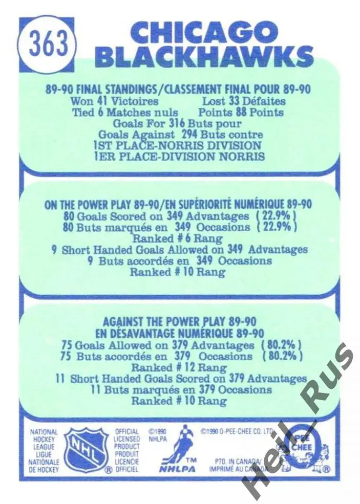 Хоккей. Карточка Chicago Blackhawks/Чикаго Блэкхокс НХЛ/NHL 1990-91 O-Pee-Chee 1