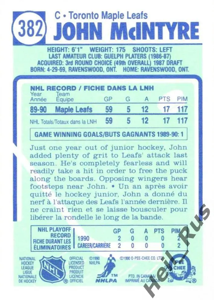 Хоккей Карточка John McIntyre/Джон Макинтайр Toronto Maple Leafs/Торонто НХЛ/NHL 1
