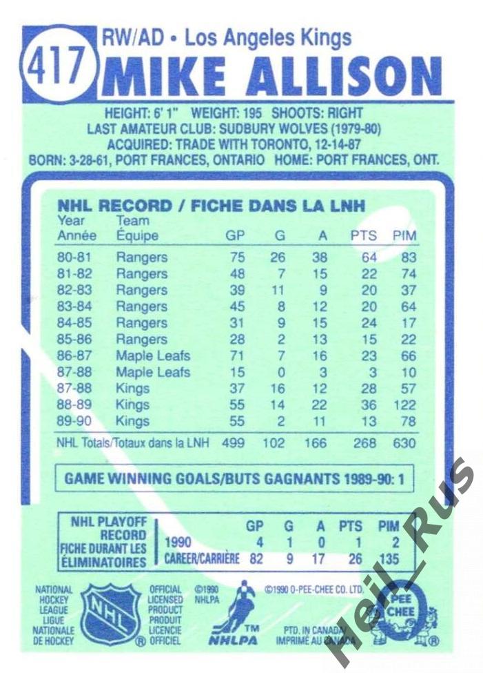 Хоккей Карточка Mike Allison/Майк Эллисон Los Angeles Kings/Лос-Анджелес НХЛ/NHL 1