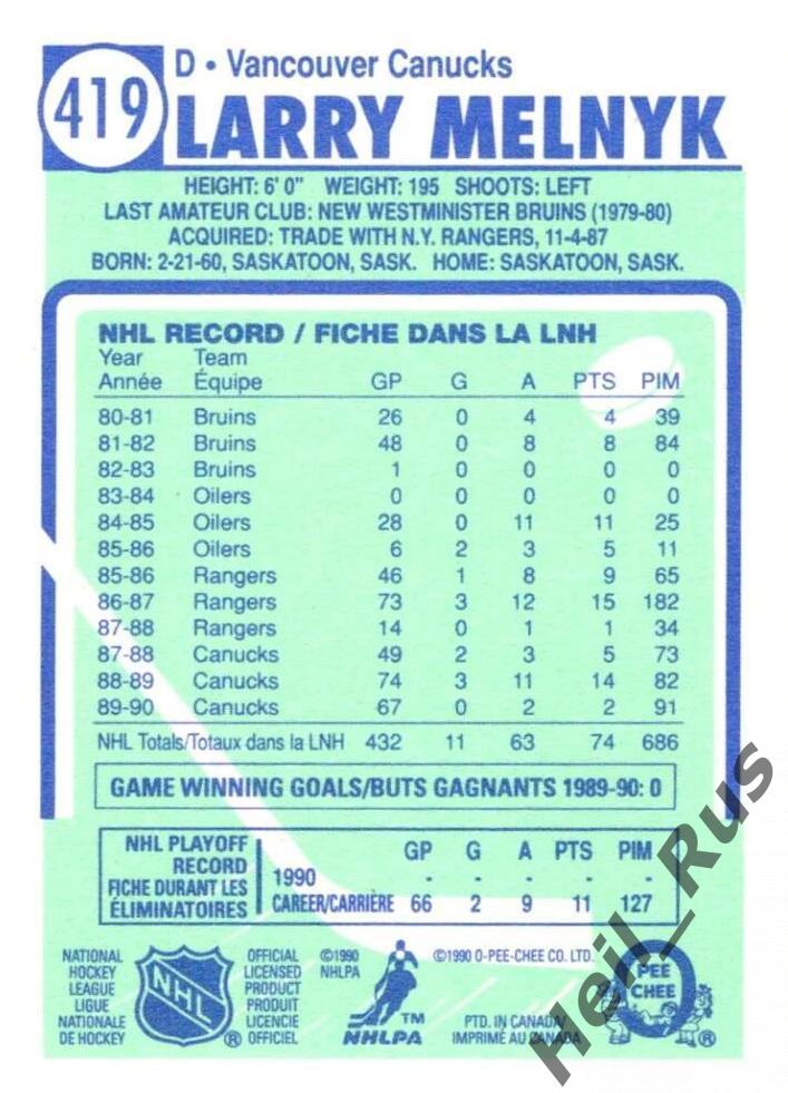 Хоккей. Карточка Larry Melnyk/Ларри Мельник (Vancouver Canucks/Ванкувер) НХЛ/NHL 1