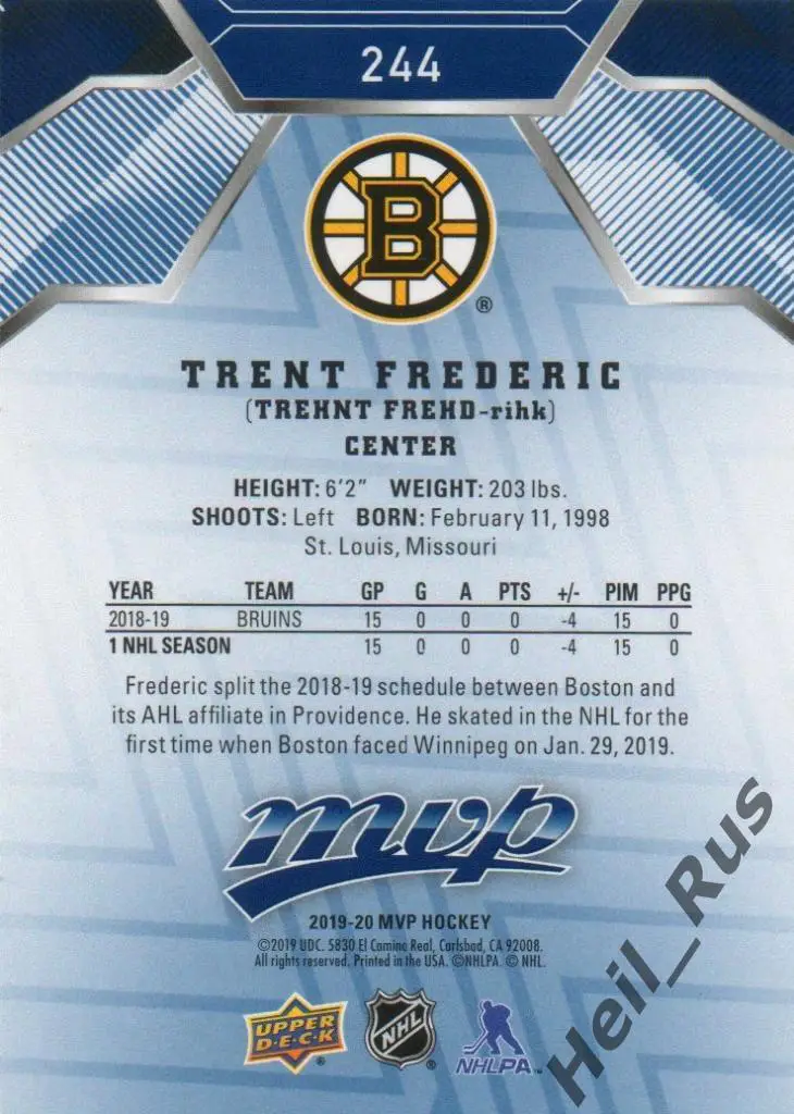 Хоккей. Карточка Trent Frederic / Трент Фредерик (Boston Bruins/Бостон) НХЛ/NHL 1