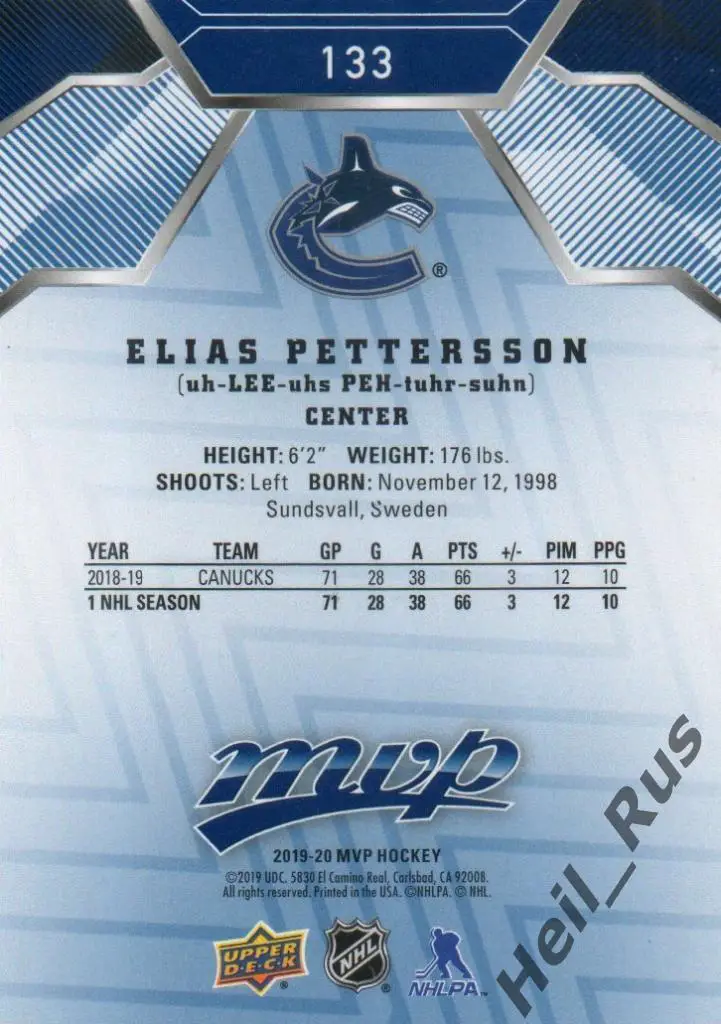 Хоккей. Карточка Elias Pettersson / Элиас Петтерссон (Vancouver Canucks) НХЛ/NHL 1