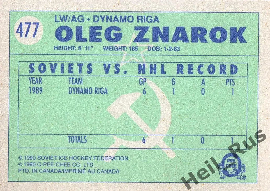 Хоккей. Карточка Олег Знарок (Динамо Рига/Москва, Спартак, СКА, Ак Барс) НХЛ/КХЛ 1