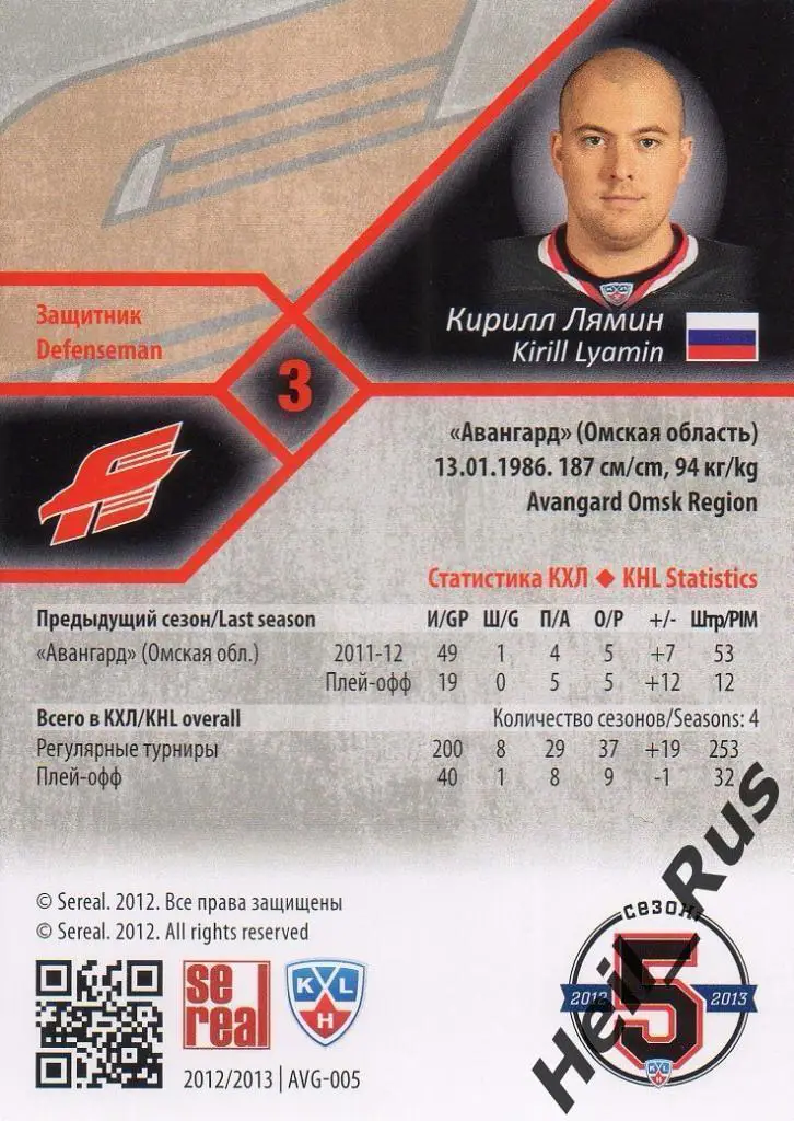 Хоккей. Карточка Кирилл Лямин (Авангард Омск) КХЛ / KHL сезон 2012/13 SeReal 1