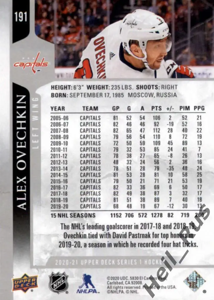 Хоккей; Карточка Александр Овечкин (Washington Capitals, Динамо Москва) НХЛ/КХЛ 1