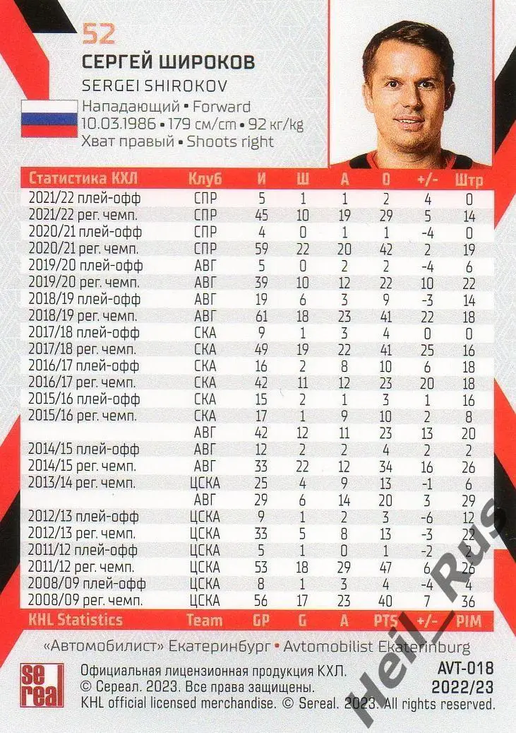 Хоккей. Карточка Сергей Широков Автомобилист Екатеринбург КХЛ/KHL сезон 2022/23 1