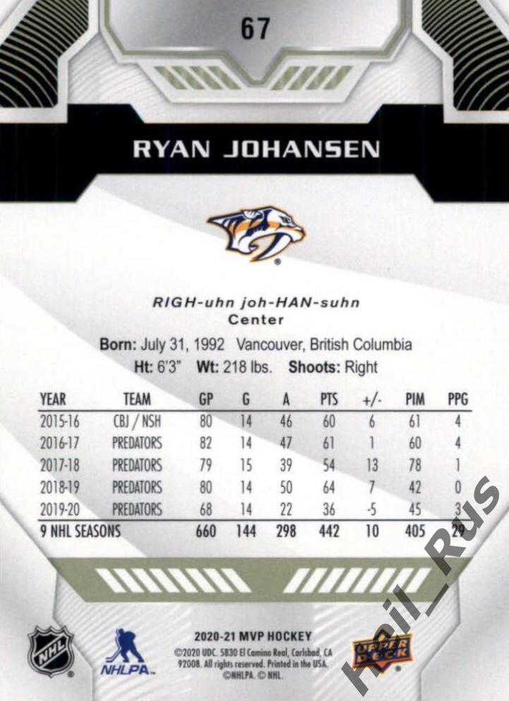 Хоккей; Карточка Ryan Johansen / Райан Джохансен (Nashville Predators) НХЛ/NHL 1