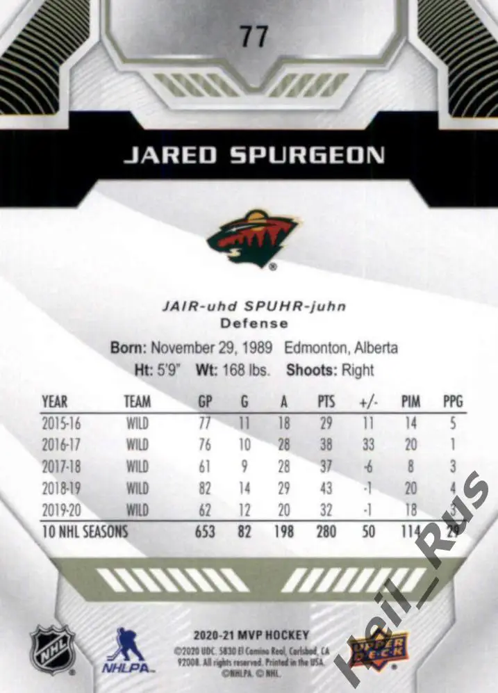 Хоккей; Карточка Jared Spurgeon/Джаред Сперджен Minnesota Wild/Миннесота НХЛ/NHL 1