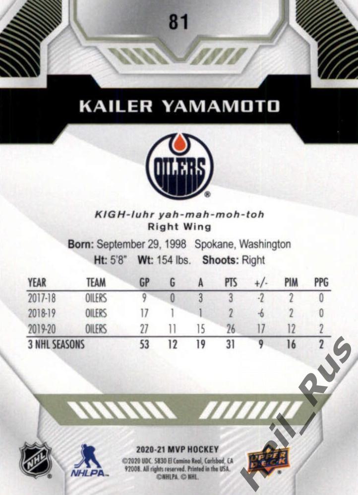 Хоккей. Карточка Kailer Yamamoto/Кайлер Ямамото Edmonton Oilers/Эдмонтон НХЛ/NHL 1