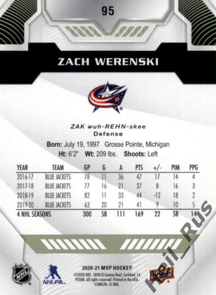 Карточка Zach Werenski/Зак Веренски (Columbus Blue Jackets/Коламбус) НХЛ/NHL 1