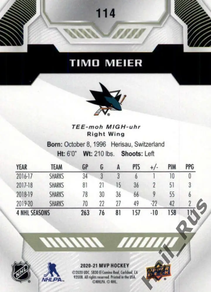 Хоккей. Карточка Timo Meier/Тимо Майер (San Jose Sharks/Сан-Хосе Шаркс) НХЛ/NHL 1