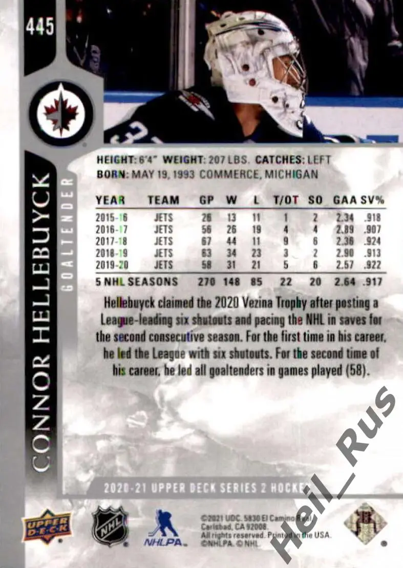 Карточка Connor Hellebuyck/Коннор Хеллебак Winnipeg Jets/Виннипег Джетс НХЛ/NHL 1