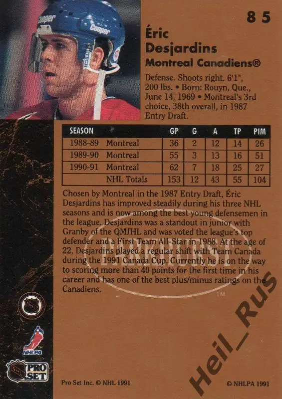 Хоккей. Карточка Eric Desjardins/Эрик Дежарден (Montreal Canadiens) НХЛ/NHL 1