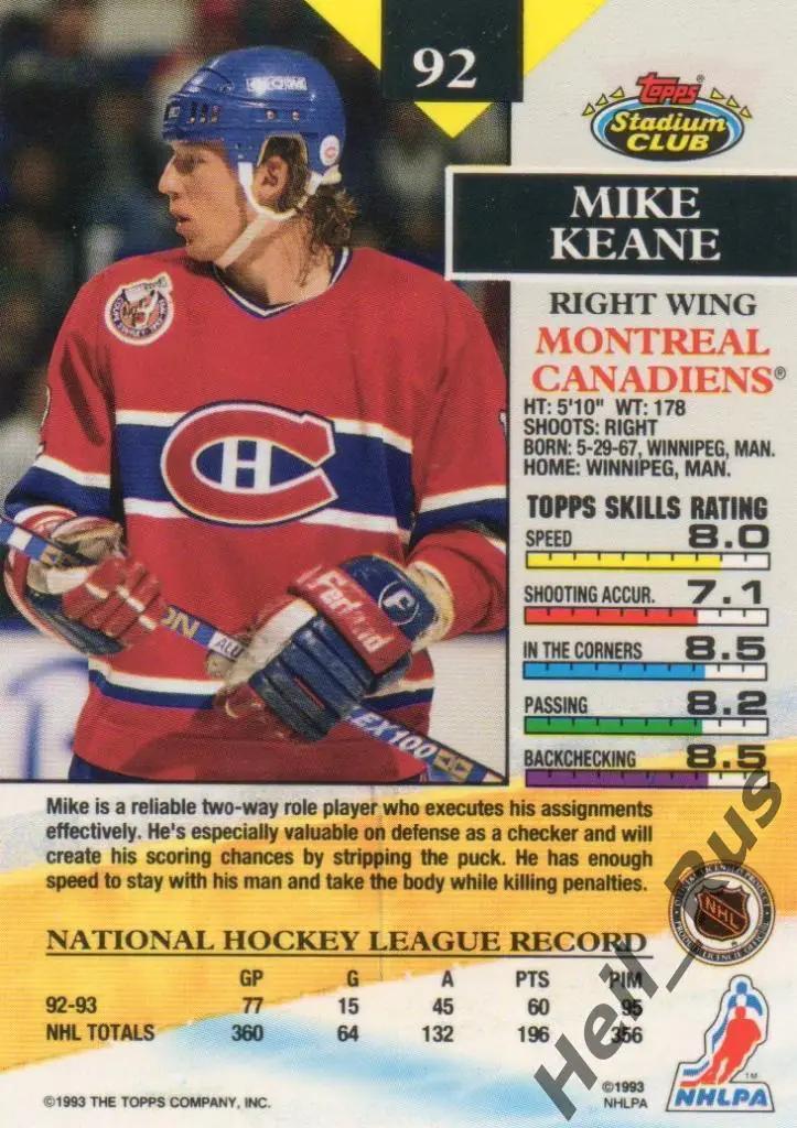 Хоккей. Карточка Mike Keane/Майк Кин (Montreal Canadiens / Монреаль) НХЛ/NHL 1