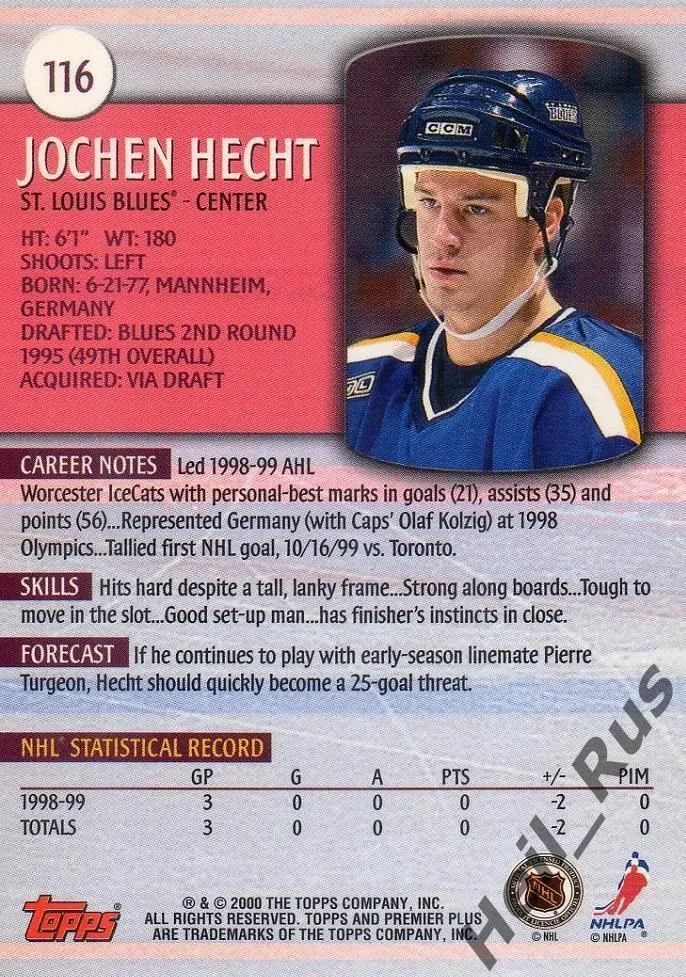 Хоккей. Карточка Jochen Hecht/Йохен Хехт St. Louis Blues/Сент-Луис Блюз НХЛ/NHL 1