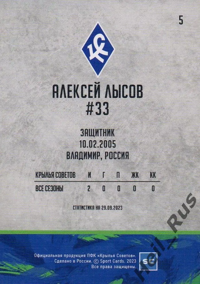 Футбол. Карточка Алексей Лысов (Крылья Советов Самара, Локомотив) РПЛ 2023/24 1
