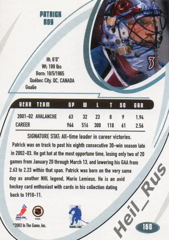 Хоккей. Карточка Patrick Roy / Патрик Руа (Colorado Avalanche/Колорадо) НХЛ/NHL 1