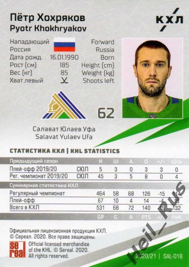 Хоккей. Карточка Петр Хохряков (Салават Юлаев Уфа) КХЛ/KHL сезон 2020/21 SeReal 1