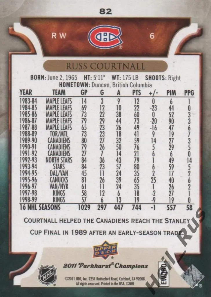 Хоккей Карточка Russ Courtnall/Расс Куртнолл Montreal Canadiens/Монреаль НХЛ/NHL 1