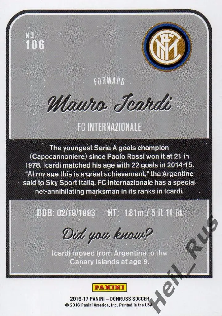 Футбол. Карточка Mauro Icardi/Мауро Икарди (Inter/Интер) Panini/Панини 2016-17 1