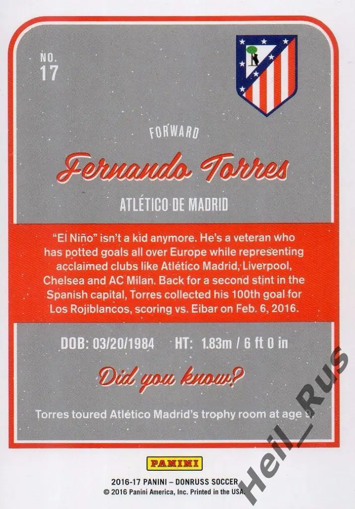 Футбол Карточка Fernando Torres/Фернандо Торрес (Атлетико Мадрид) Panini 2016-17 1