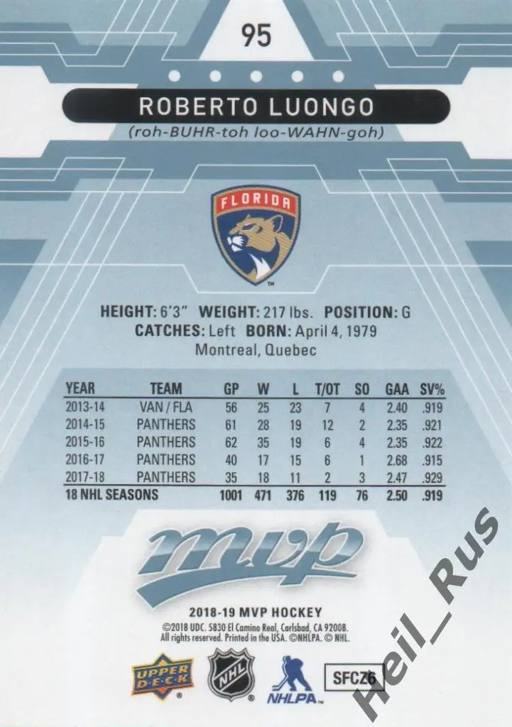 Хоккей Карточка Roberto Luongo/Роберто Луонго (Florida Panthers/Флорида) НХЛ/NHL 1