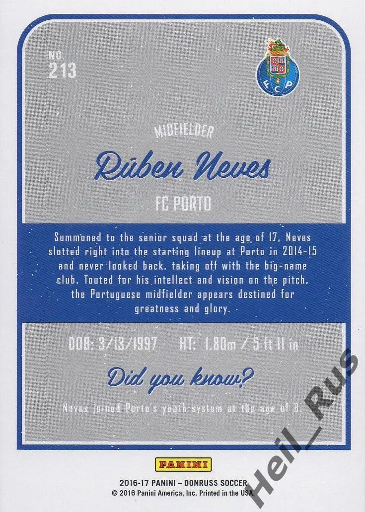 Футбол Карточка Рубен Невиш Порту, Вулверхэмптон Уондерерс Panini/Панини 2016-17 1