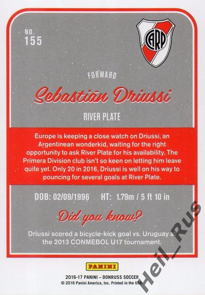 Футбол. Карточка S. Driussi/Себастьян Дриусси (Ривер Плейт, Зенит) Panini 2016 1