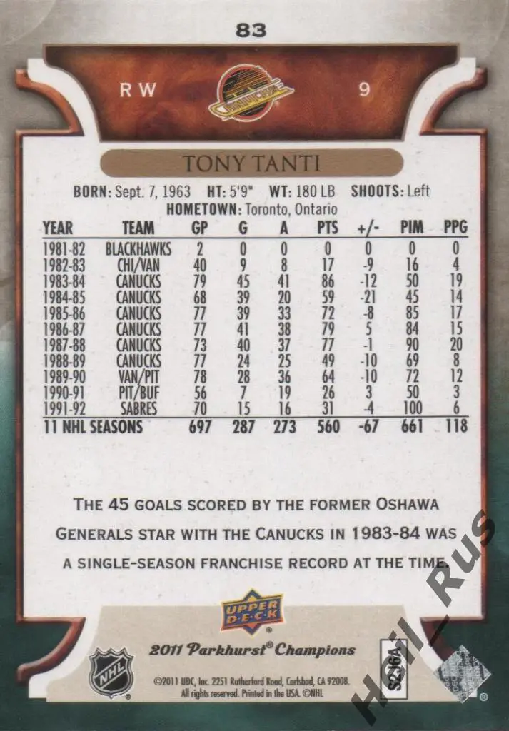 Хоккей Карточка Tony Tanti/Тони Танти (Vancouver Canucks/Ванкувер Кэнакс НХЛ/NHL 1