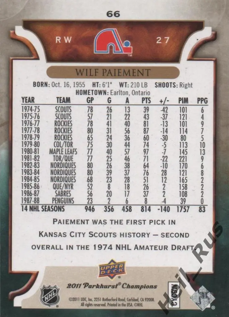 Хоккей. Карточка Wilf Paiement/Уилф Паймент (Quebec Nordiques / Квебек) НХЛ/NHL 1