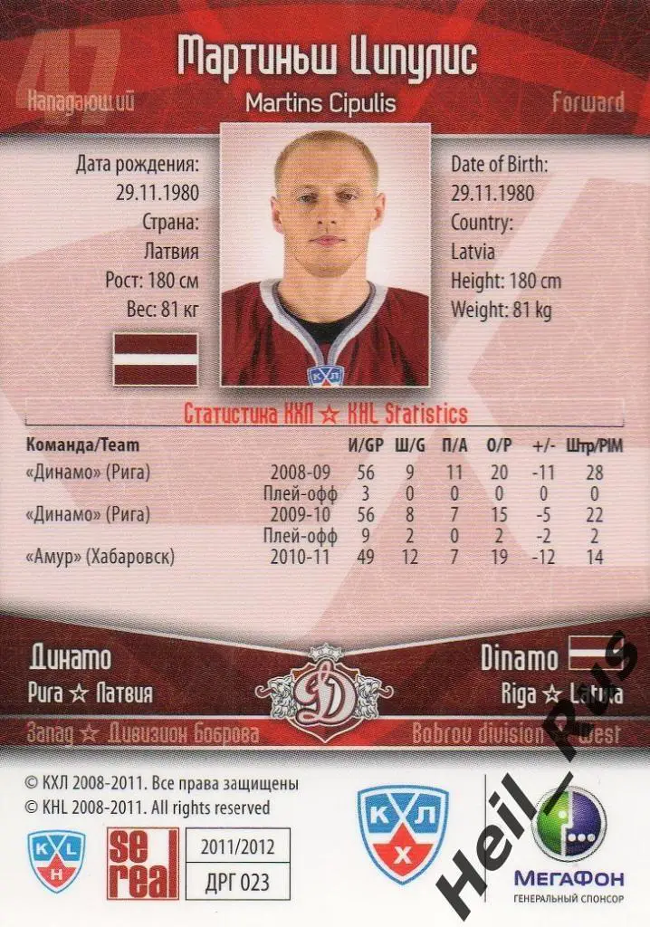 Хоккей. Карточка Мартиньш Ципулис (Динамо Рига) КХЛ / KHL сезон 2011/12 SeReal 1