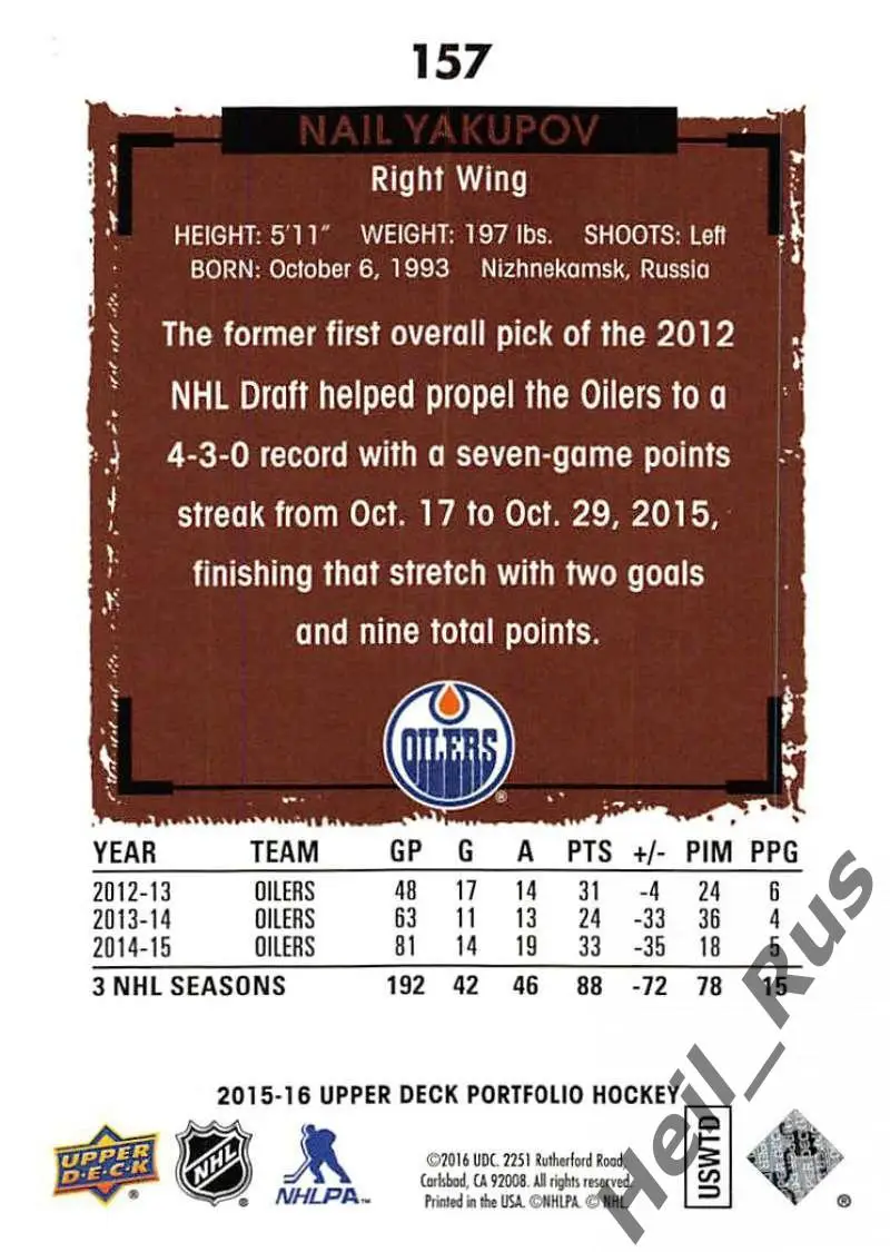 Карточка Наиль Якупов (Edmonton Oilers/Эдмонтон СКА Авангард Нефтехимик) НХЛ/КХЛ 1