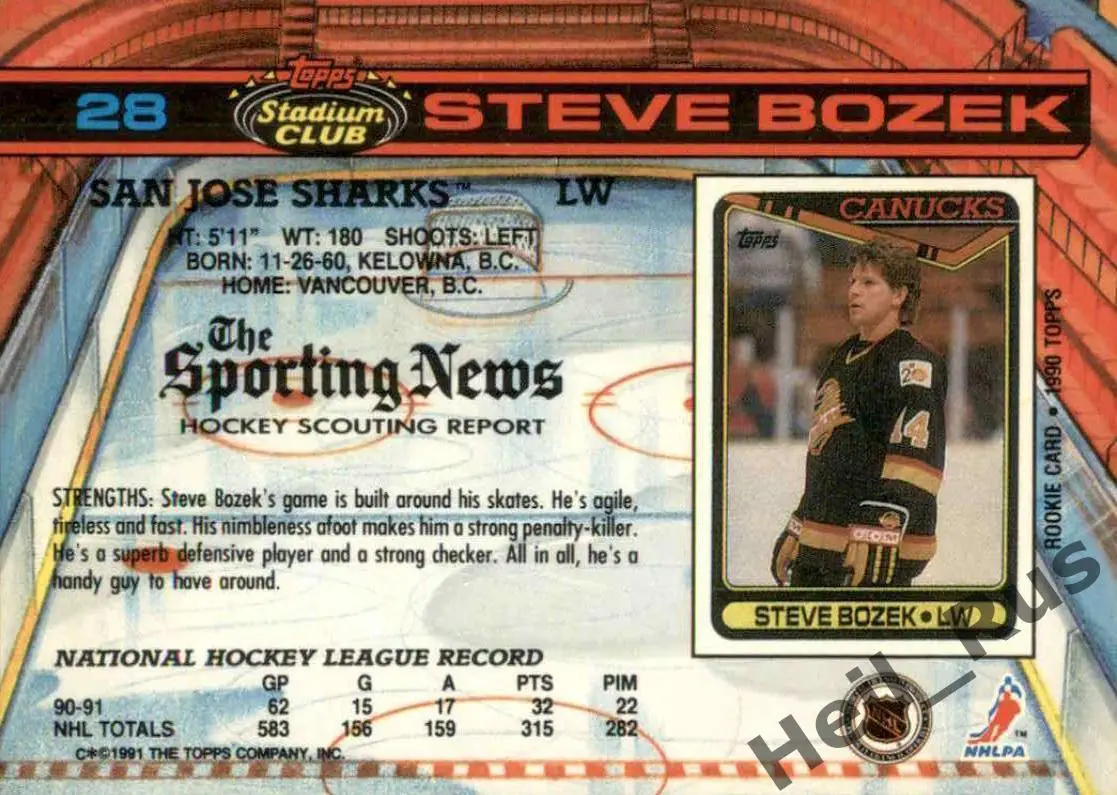 Хоккей Карточка Steve Bozek/Стив Бозек Vancouver Canucks/Ванкувер Кэнакс НХЛ/NHL 1