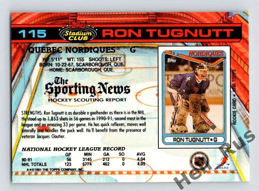 Хоккей Карточка Ron Tugnutt/Рон Тагнатт Quebec Nordiques/Квебек Нордикс НХЛ/NHL 1