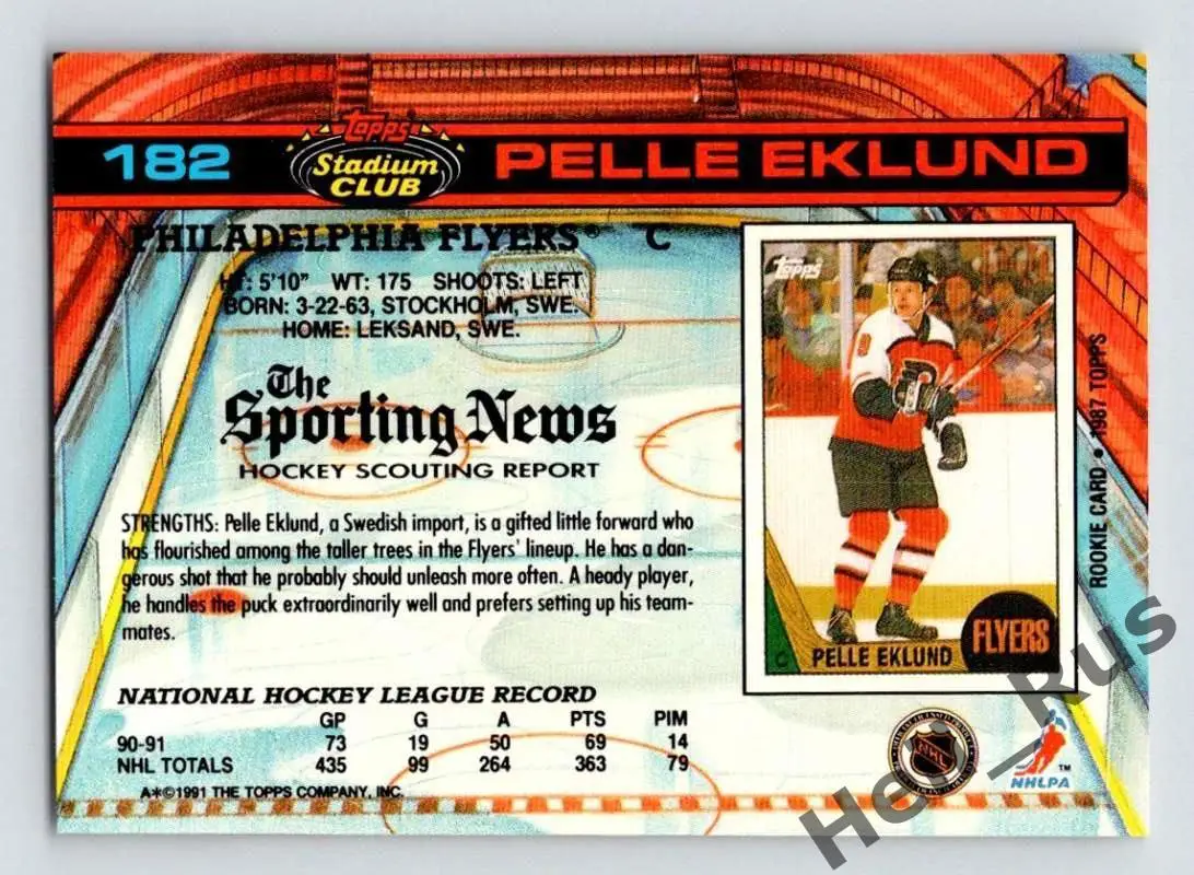 Хоккей Карточка Pelle Eklund/Пелле Эклунд (Philadelphia Flyers/Флайерз) НХЛ/NHL 1