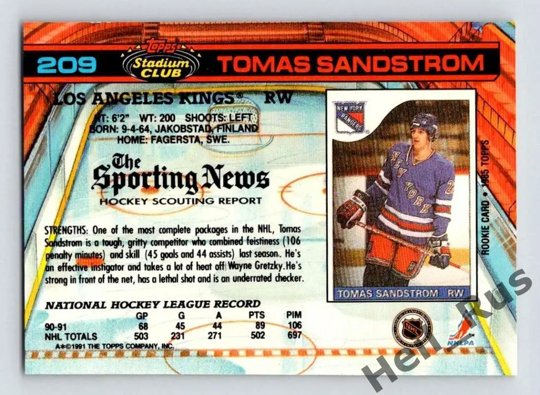 Хоккей Карточка Tomas Sandstrom/Томас Сандстрем Los Angeles Kings/Кингз НХЛ/NHL 1