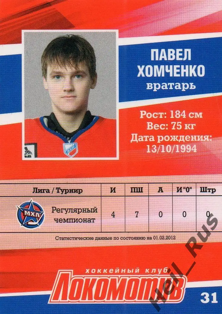 Хоккей. Карточка Павел Хомченко (Локомотив Ярославль) ВХЛ/МХЛ/КХЛ сезон 2011/12 1
