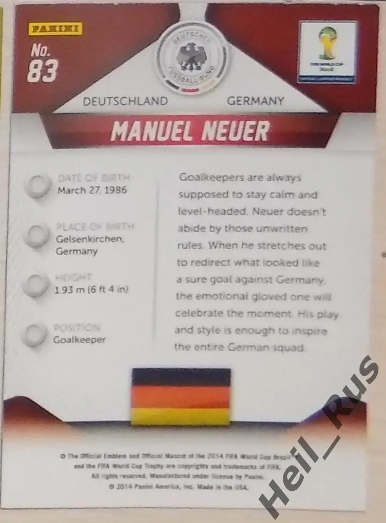 Футбол. Карточка Мануэль Нойер (Германия, Бавария Мюнхен) Чемпионат Мира 2014 1