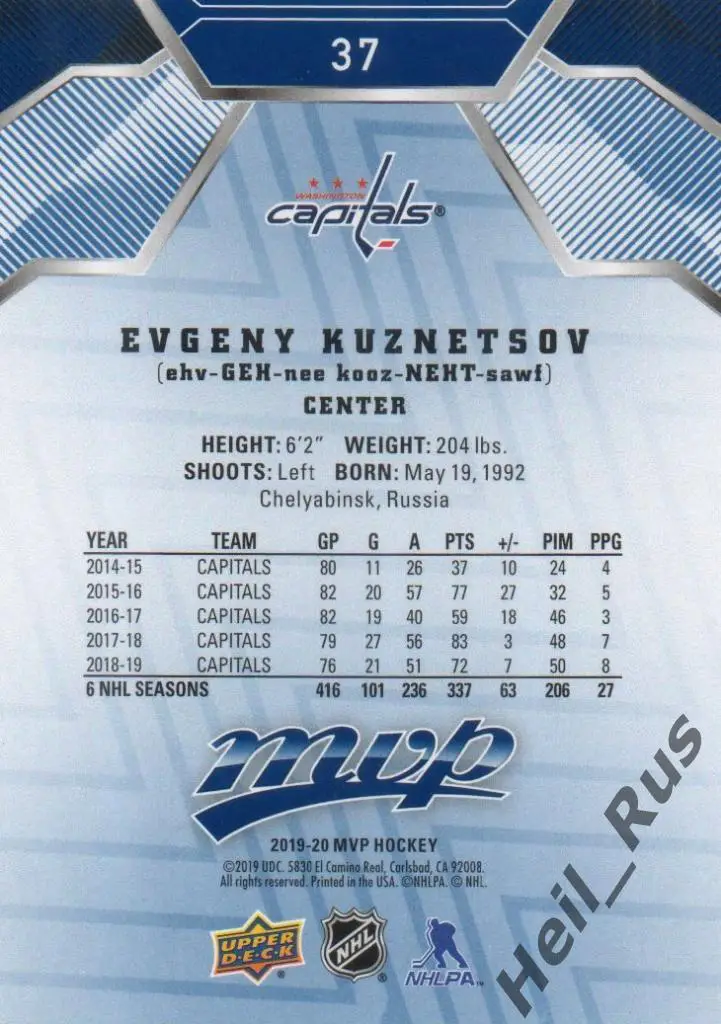 Хоккей Карточка Евгений Кузнецов Washington Capitals/Вашингтон, Трактор НХЛ, КХЛ 1
