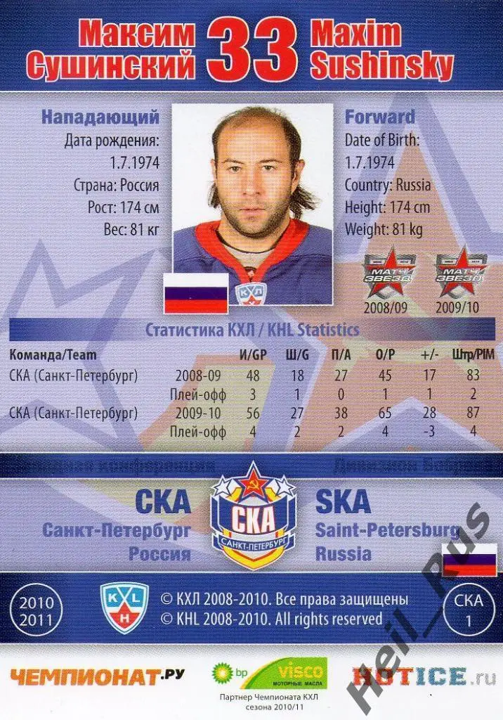 Хоккей, Карточка Максим Сушинский (СКА Санкт-Петербург) КХЛ сезон 2010/11 SeReal 1